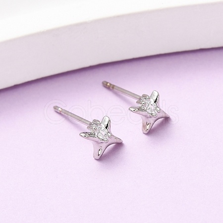Brass Micro Pave Clear Cubic Zirconia Star Stud Earrings EJEW-L278-02P-1