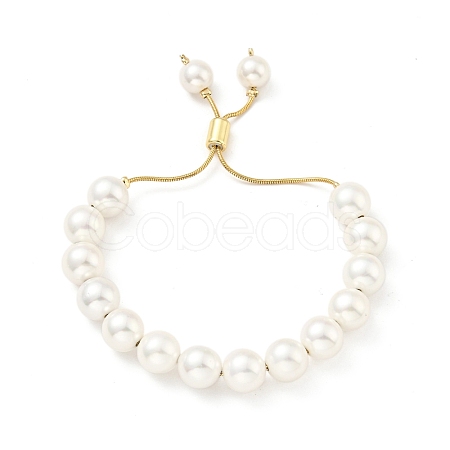 Shell Pearl Beaded Slider Bracelet with Brass Snake Chain BJEW-B066-01B-03-1