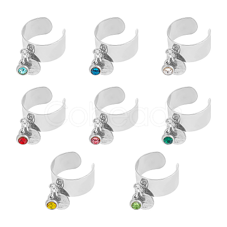 8Pcs 8 Color Birthstone Rhinestone & 201 Stainless Steel Flat Round Charm Rings Set RJEW-AB00004-1