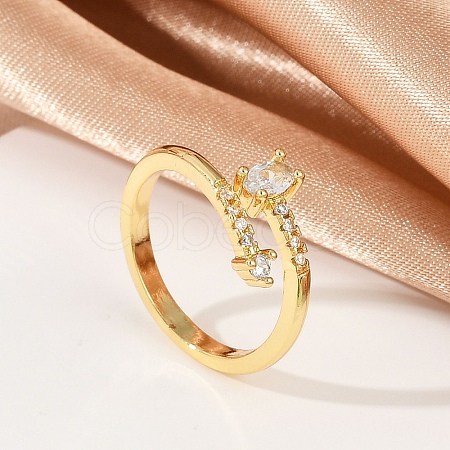 Oval Brass Micro Pave Clear Cubic Zirconia Open Cuff Rings for Women RJEW-G343-24G-1