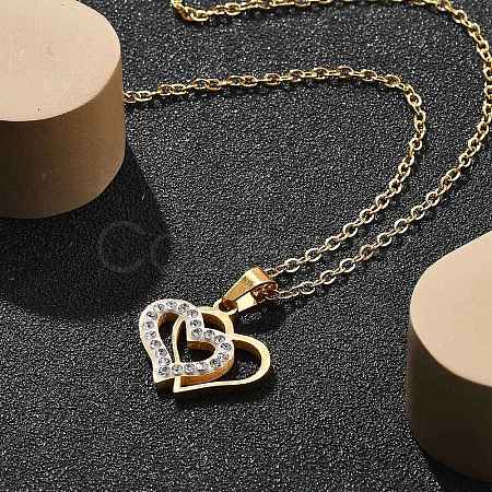 304 Stainless Steel Crystal Rhinestone Heart Pendant Cable Chain Necklaces for Women NJEW-Z056-01B-G-1