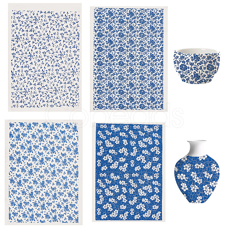 4Pcs 4 Styles Flower Pattern Paper Ceramic Decals DIY-GF0013-26-1