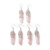 Natural Rose Quartz Bullet with Flower Dangle Earrings EJEW-G300-02P-01-1