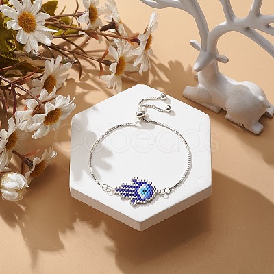 Glass Seed Braided Hamsa Hand with Evil Eye Link Slider Bracelet BJEW-MZ00003-1
