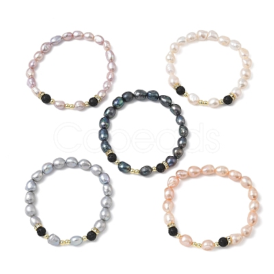 Natural Cultured Freshwater Pearl & Lava Rock Beaded Stretch Bracelets for Women BJEW-JB13714-1