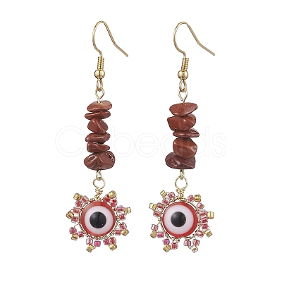 Evil Eye Natural Red Jasper Chip & Seed Beads Dangle Earrings EJEW-MZ00166-03-1