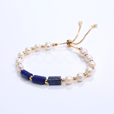 Natural Lapis Lazuli & Plastic Imitation Pearl Bead Slider Bracelets AT8786-3-1