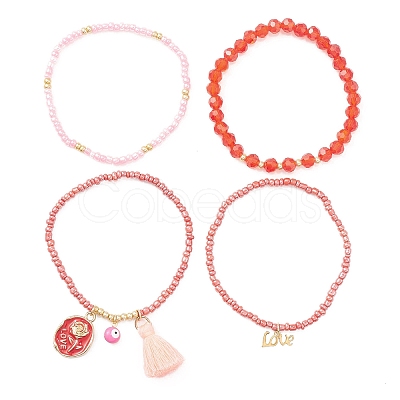 4Pcs 4 Style Evil Eye Valentine's Theme Alloy Enamel & Polycotton(Polyester Cotton) Tassel Charm Bracelets Set BJEW-JB09618-03-1