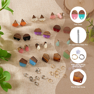 DIY 12 Pairs 12 Style Two Tone Resin & Walnut Wood Stud Earring Findings DIY-CW0001-35-1