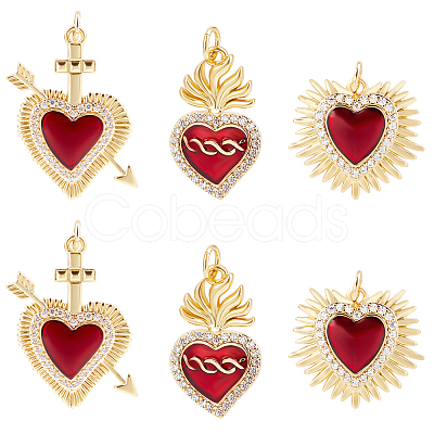 6Pcs 3 Styles Brass Micro Pave Clear Grade AAA Cubic Zirconia Pendants KK-BBC0015-33A-1