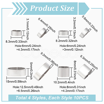 40Pcs 4 Styles 201 Stainless Steel Slide Charms/Slider Beads STAS-BC0003-65-1