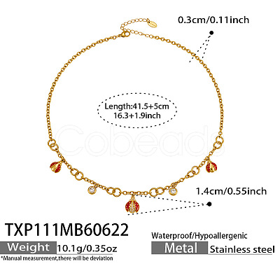 304 Stainless Steel Micro Pave Clear Cubic Zirconia Enamel Red Ladybug Pendant Necklaces for Women WG77B69-04-1