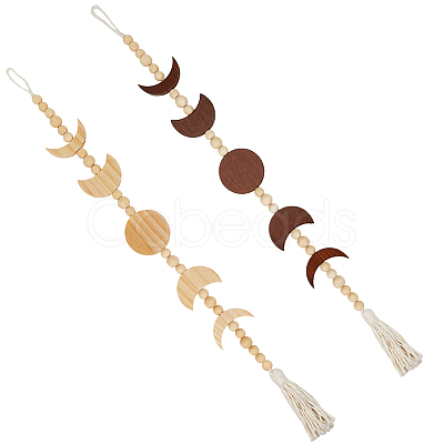 2Pcs 2 Colors Moon Phases Wood Beaded Pendant Decoration HJEW-CP0001-16-1