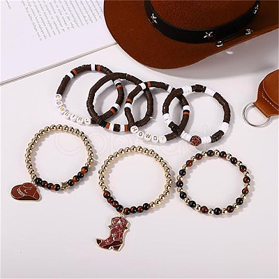 7Pcs Boot Western Cowboy Style Polymer Clay Heishi  & CCB Plastic & Natural Tiger Eye Beaded Bracelets FS-WG5CAF3-03-1