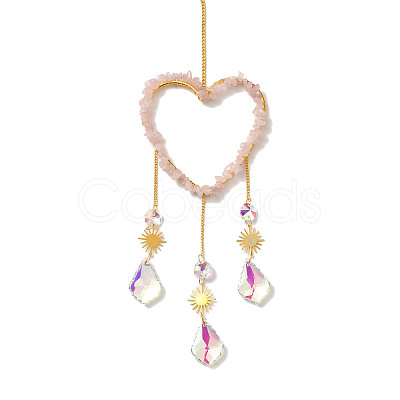 Heart Natural Rose Quartz Chips Hanging Ornaments HJEW-G024-01A-1