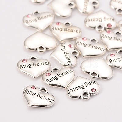 Wedding Theme Antique Silver Tone Tibetan Style Heart with Ring Bearer Rhinestone Charms TIBEP-N005-15A-1