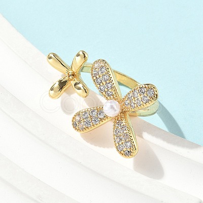 Brass Micro Pave Cubic Zirconia ABS Imitation Pearl Cuff Rings RJEW-D307-02G-A-1