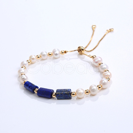 Natural Lapis Lazuli & Plastic Imitation Pearl Bead Slider Bracelets AT8786-3-1