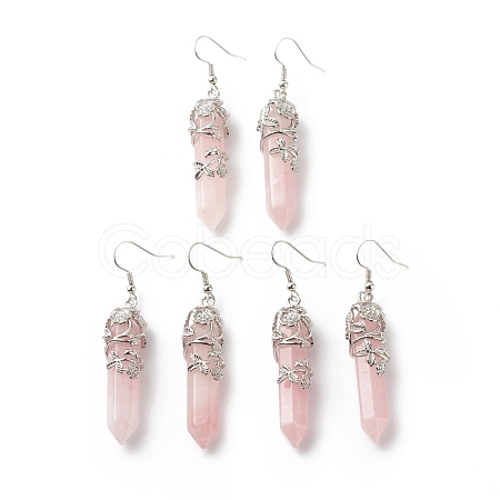 Natural Rose Quartz Bullet with Flower Dangle Earrings EJEW-G300-02P-01-1