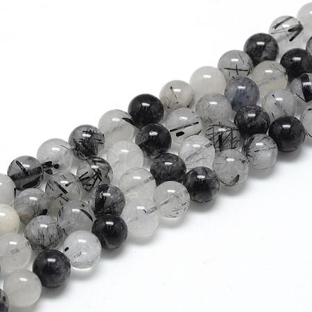 Natural Black Rutilated Quartz Beads Strands G-R446-8mm-26-1