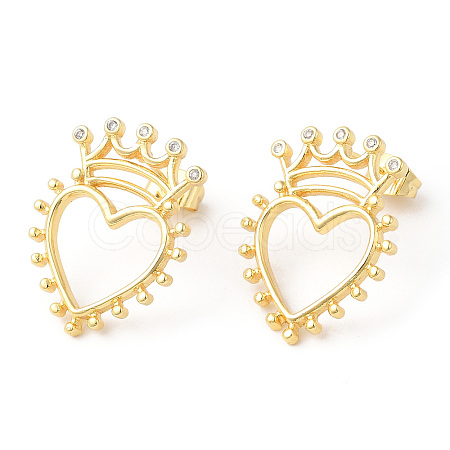 Clear Cubic Zirconia Hollow Heart with Crown Stud Earrings EJEW-R149-06G-1
