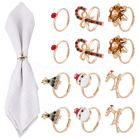 18Pcs 6 6 Style Santa Claus & Christmas Tree & Flower & Deer & Candy Cane Enamel Adjustable Rings Set RJEW-NB0001-03-1