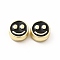 Rack Plating Alloy Enamel Beads, Cadmium Free & Nickel Free & Lead Free, Flat Round with Smiling Face Pattern, Light Gold, Black, 7.5x4mm, Hole: 2mm