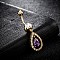 Piercing Jewelry, Brass Cubic Zirconia Navel Ring, Belly Rings, with 304 Stainless Steel Bar, Cadmium Free & Lead Free, Real 18K Gold Plated, teardrop, Purple, 43x12mm, Bar Length: 3/8"(10mm), Bar: 14 Gauge(1.6mm)