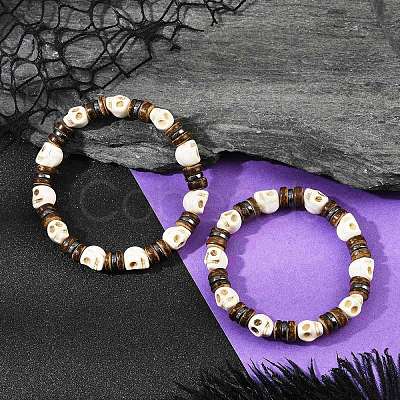 2Pcs Natural Coconut & Synthetic Turquoise & Non-magnetic Synthetic Hematite Beads Stretch Bracelets for Men Women BJEW-JB12133-1