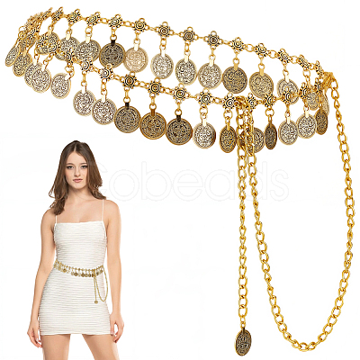 1Pc Ethnic Style Alloy & Iron Coin Tassel Waist Body Chains for Women AJEW-GF0014-23-1