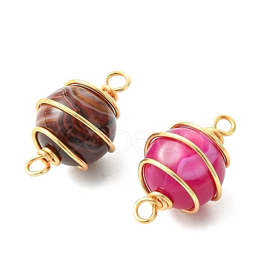 Natural Striped Agate/Banded Agate(Dyed & Heated) Copper Wire Wrapped Round Links Connector Charms PALLOY-JF05906-1