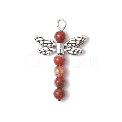 5Pcs 5 Styles Dragonfly Natural Sodalite & Maifanite & Pink Zebra Jasper & Red Jasper & Dyed Magnesite Beaded Pendants PALLOY-JF03857-1