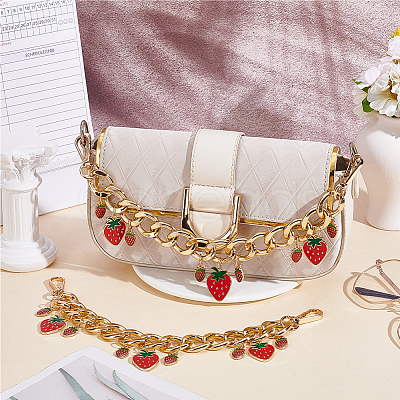 2Pcs Alloy Enamel Strawberry Charm Aluminum Bag Decorative Chains HJEW-BBC0001-27B-1