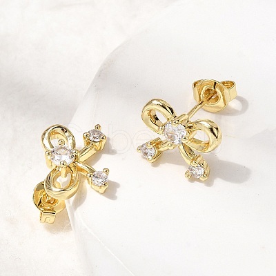 Bowknot Brass Micro Pave Clear Cubic Zirconia Stud Earrings for Women LS-EJEW-G460-03G-1