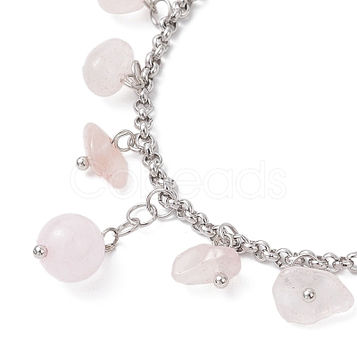 304 Stainless Steel Natural Rose Quartz Chips Charm Bracelets BJEW-JB12376-03-1