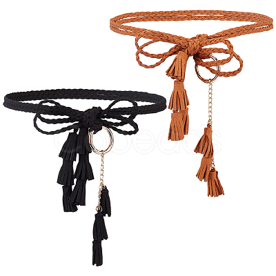2Pcs 2 Colors Bohemian Imitation Leather Tassel with Alloy Ring Waist Chain Belts for Women AJEW-CL0005-22B-1