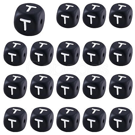20Pcs Black Cube Letter Silicone Beads 12x12x12mm Square Dice Alphabet Beads with 2mm Hole Spacer Loose Letter Beads for Bracelet Necklace Jewelry Making JX433T-1