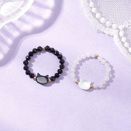 Natural Rainbow Moonstone and Natural Black Tourmaline Beaded Rings RJEW-TA00196-1