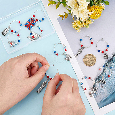 BENECREAT 20Pcs 10 Styles Union Jack & Soldier & Umbrella & Horse & Crown Alloy Dangle Wine Glass Charms with Glass Pearl AJEW-BC0003-10-1