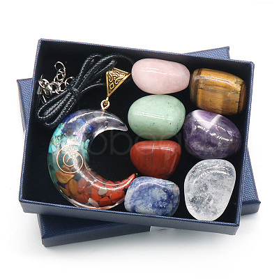 7 Chakra Tumbled Stone & Moon Pendant Necklace Mixed Natural Gemstone Healing Stones Set PW-WG21137-02-1