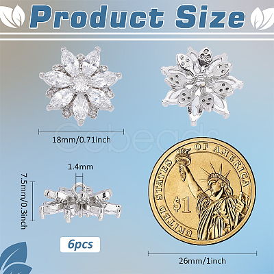 6PCS Brass Micro Pave Clear Cubic Zirconia Buttons KK-FG0001-26A-1