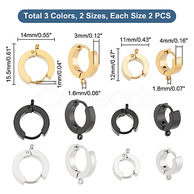 12Pcs 6 Style 304 Stainless Steel Hoop Earrings Findings STAS-UN0043-23-1