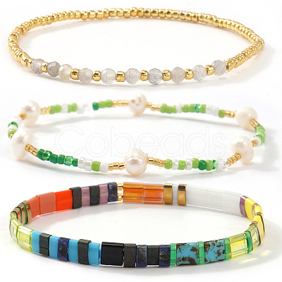 3Pcs 3 Styles Glass Seed Bead & Natural Gemstone Beads Stretch Bracelets for Women VZ5822-1-1