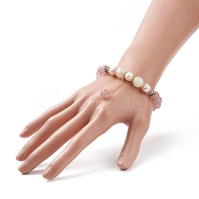 Natural Strawberry Quartz & White Moonstone & Pearl Beaded Stretch Bracelet with Tassel Charms for Women BJEW-JB09009-01-1