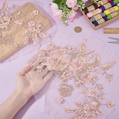 2Pcs Flower Polyester with Plastic Pearl Embroidery Sew on Cloth Patches PATC-HY0002-03A-1
