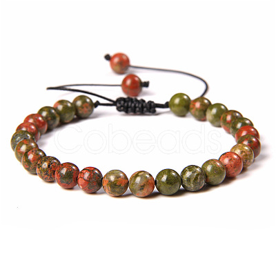 Natural Unakite Round Bead Adjustable Braided Bracelets UO3136-34-1