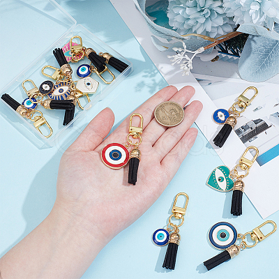 11Pcs Evil Eye Theme Alloy Enamel & Faux Suede Tassel Pendant Decorations HJEW-NB00337-1