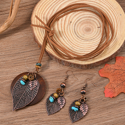 Iron & Wood & Suede Cord Pendant Necklaces & Dangle Earrings Sets FS-WGBCDFB-01-1