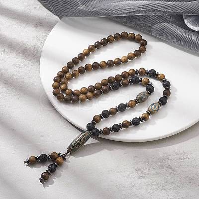 Natural Lava Rock & Synthetic Hematite & Wood Buddhist Necklace NJEW-JN04305-1