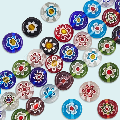 3 Strands Flat Round Handmade Millefiori Glass Beads Strands LAMP-LT0001-15C-1